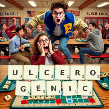 Creative illustration for a Scrabble game with the word ULCEROGENIC spelled out in tiles on the board.