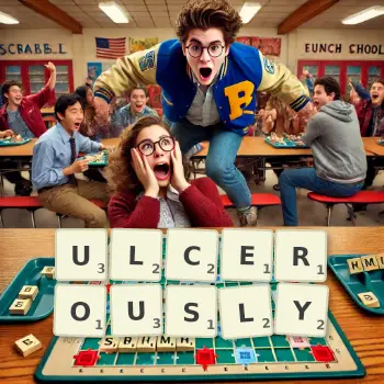 Creative illustration for a Scrabble game with the word ULCEROUSLY spelled out in tiles on the board.