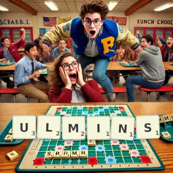 Creative illustration for a Scrabble game with the word ULMINS spelled out in tiles on the board.