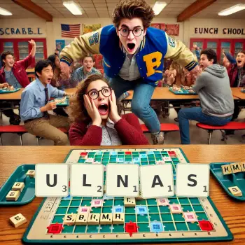 Creative illustration for a Scrabble game with the word ULNAS spelled out in tiles on the board.