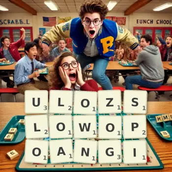 Creative illustration for a Scrabble game with the word ULOZSLOWOPOANGI spelled out in tiles on the board.