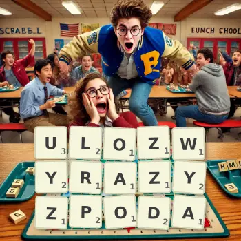 Creative illustration for a Scrabble game with the word ULOZWYRAZYZPODA spelled out in tiles on the board.