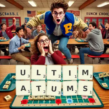 Creative illustration for a Scrabble game with the word ULTIMATUMS spelled out in tiles on the board.
