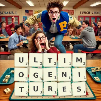 Creative illustration for a Scrabble game with the word ULTIMOGENITURES spelled out in tiles on the board.