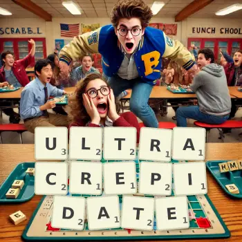 Creative illustration for a Scrabble game with the word ULTRACREPIDATE spelled out in tiles on the board.