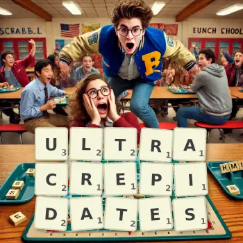 Creative illustration for a Scrabble game with the word ULTRACREPIDATES spelled out in tiles on the board.