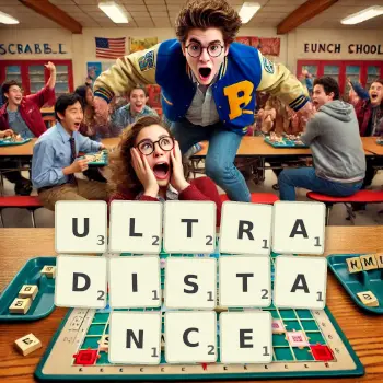 Creative illustration for a Scrabble game with the word ULTRADISTANCE spelled out in tiles on the board.