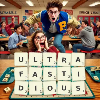 Creative illustration for a Scrabble game with the word ULTRAFASTIDIOUS spelled out in tiles on the board.
