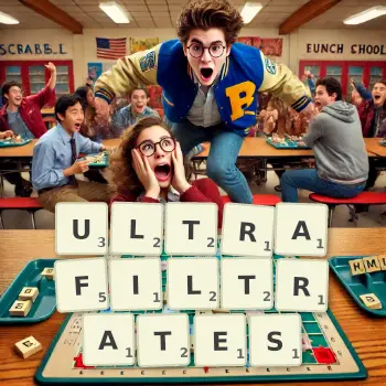 Creative illustration for a Scrabble game with the word ULTRAFILTRATES spelled out in tiles on the board.