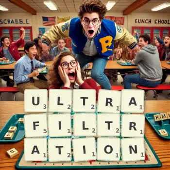 Creative illustration for a Scrabble game with the word ULTRAFILTRATION spelled out in tiles on the board.