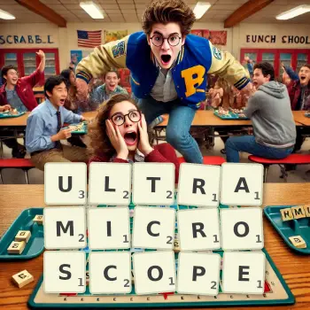 Creative illustration for a Scrabble game with the word ULTRAMICROSCOPE spelled out in tiles on the board.
