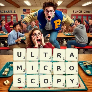 Creative illustration for a Scrabble game with the word ULTRAMICROSCOPY spelled out in tiles on the board.
