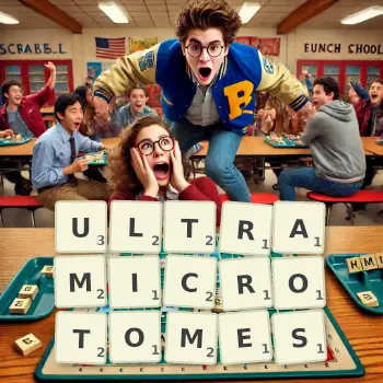 Creative illustration for a Scrabble game with the word ULTRAMICROTOMES spelled out in tiles on the board.