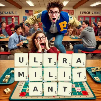 Creative illustration for a Scrabble game with the word ULTRAMILITANT spelled out in tiles on the board.