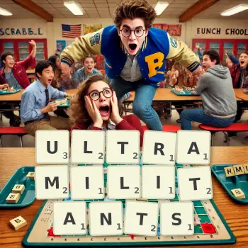 Creative illustration for a Scrabble game with the word ULTRAMILITANTS spelled out in tiles on the board.