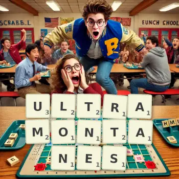 Creative illustration for a Scrabble game with the word ULTRAMONTANES spelled out in tiles on the board.