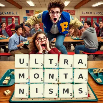 Creative illustration for a Scrabble game with the word ULTRAMONTANISMS spelled out in tiles on the board.