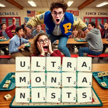 Creative illustration for a Scrabble game with the word ULTRAMONTANISTS spelled out in tiles on the board.