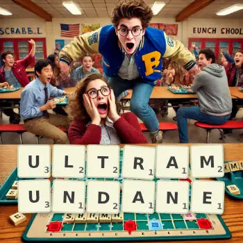 Creative illustration for a Scrabble game with the word ULTRAMUNDANE spelled out in tiles on the board.