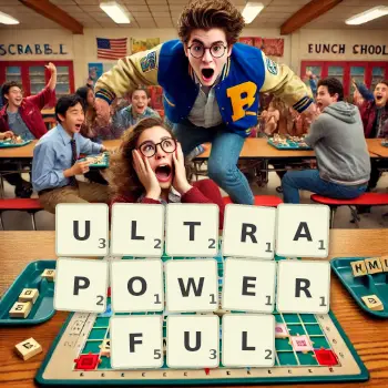 Creative illustration for a Scrabble game with the word ULTRAPOWERFUL spelled out in tiles on the board.