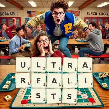 Creative illustration for a Scrabble game with the word ULTRAREALISTS spelled out in tiles on the board.