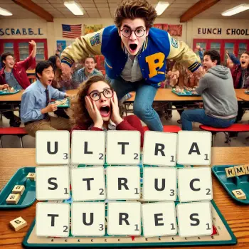 Creative illustration for a Scrabble game with the word ULTRASTRUCTURES spelled out in tiles on the board.