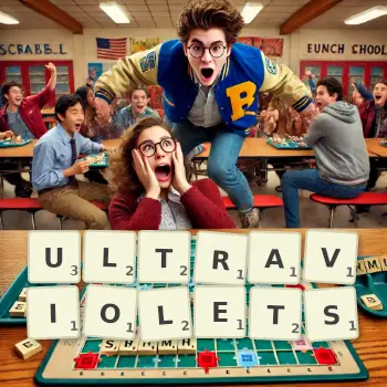 Creative illustration for a Scrabble game with the word ULTRAVIOLETS spelled out in tiles on the board.