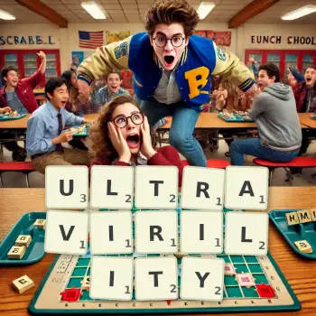 Creative illustration for a Scrabble game with the word ULTRAVIRILITY spelled out in tiles on the board.
