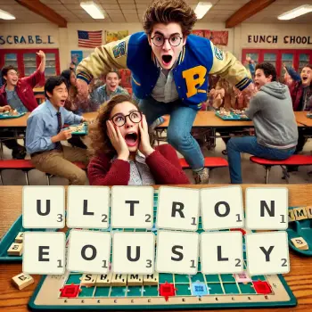 Creative illustration for a Scrabble game with the word ULTRONEOUSLY spelled out in tiles on the board.