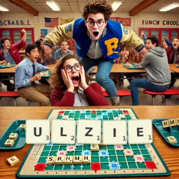 Creative illustration for a Scrabble game with the word ULZIE spelled out in tiles on the board.