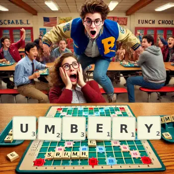 Creative illustration for a Scrabble game with the word UMBERY spelled out in tiles on the board.