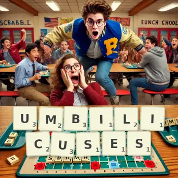 Creative illustration for a Scrabble game with the word UMBILICUSES spelled out in tiles on the board.