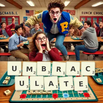 Creative illustration for a Scrabble game with the word UMBRACULATE spelled out in tiles on the board.