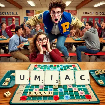 Creative illustration for a Scrabble game with the word UMIAC spelled out in tiles on the board.