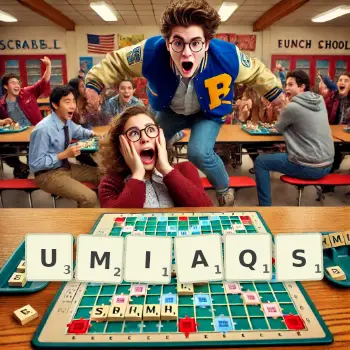 Creative illustration for a Scrabble game with the word UMIAQS spelled out in tiles on the board.