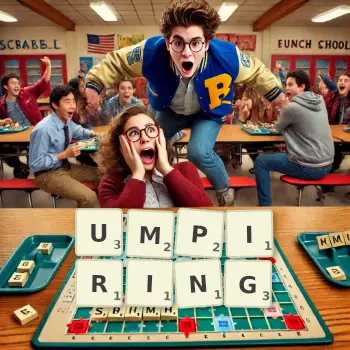 Creative illustration for a Scrabble game with the word UMPIRING spelled out in tiles on the board.