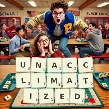 Creative illustration for a Scrabble game with the word UNACCLIMATIZED spelled out in tiles on the board.
