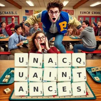 Creative illustration for a Scrabble game with the word UNACQUAINTANCES spelled out in tiles on the board.
