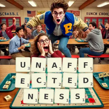 Creative illustration for a Scrabble game with the word UNAFFECTEDNESS spelled out in tiles on the board.