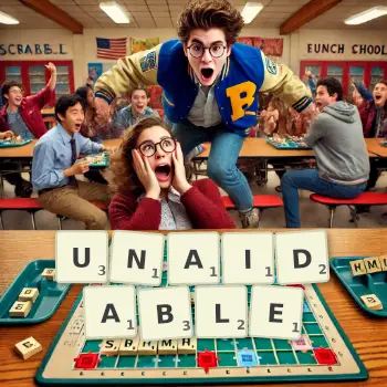 Creative illustration for a Scrabble game with the word UNAIDABLE spelled out in tiles on the board.