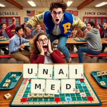 Creative illustration for a Scrabble game with the word UNAIMED spelled out in tiles on the board.