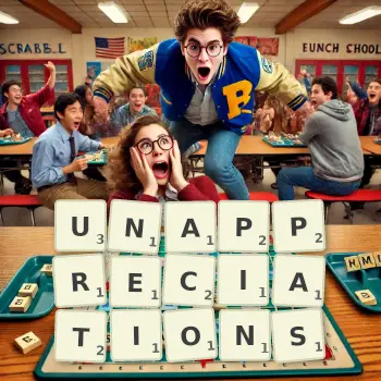 Creative illustration for a Scrabble game with the word UNAPPRECIATIONS spelled out in tiles on the board.