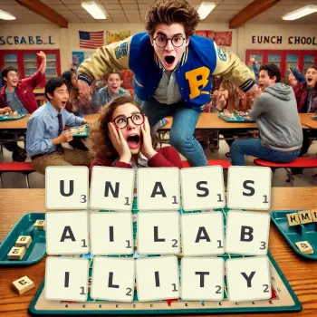 Creative illustration for a Scrabble game with the word UNASSAILABILITY spelled out in tiles on the board.