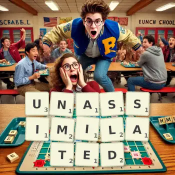 Creative illustration for a Scrabble game with the word UNASSIMILATED spelled out in tiles on the board.