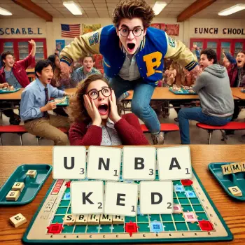 Creative illustration for a Scrabble game with the word UNBAKED spelled out in tiles on the board.