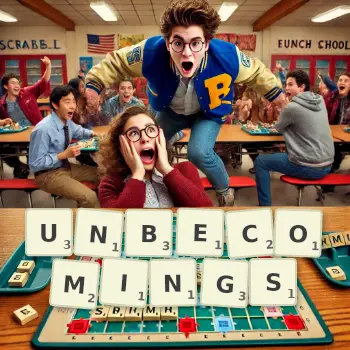 Creative illustration for a Scrabble game with the word UNBECOMINGS spelled out in tiles on the board.