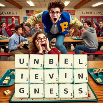 Creative illustration for a Scrabble game with the word UNBELIEVINGNESS spelled out in tiles on the board.