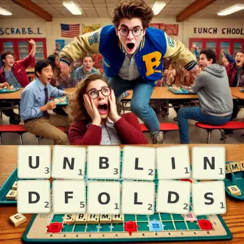 Creative illustration for a Scrabble game with the word UNBLINDFOLDS spelled out in tiles on the board.