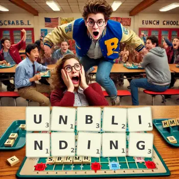 Creative illustration for a Scrabble game with the word UNBLINDING spelled out in tiles on the board.