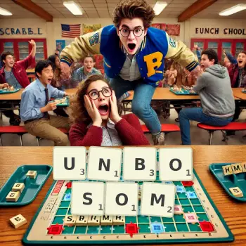 Creative illustration for a Scrabble game with the word UNBOSOM spelled out in tiles on the board.